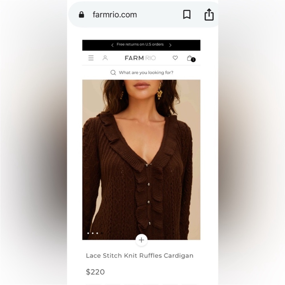 Farm Rio: NWT: Lace Stitch Knit Ruffles Cardigan - Brown DT - Picture 5 of 11
